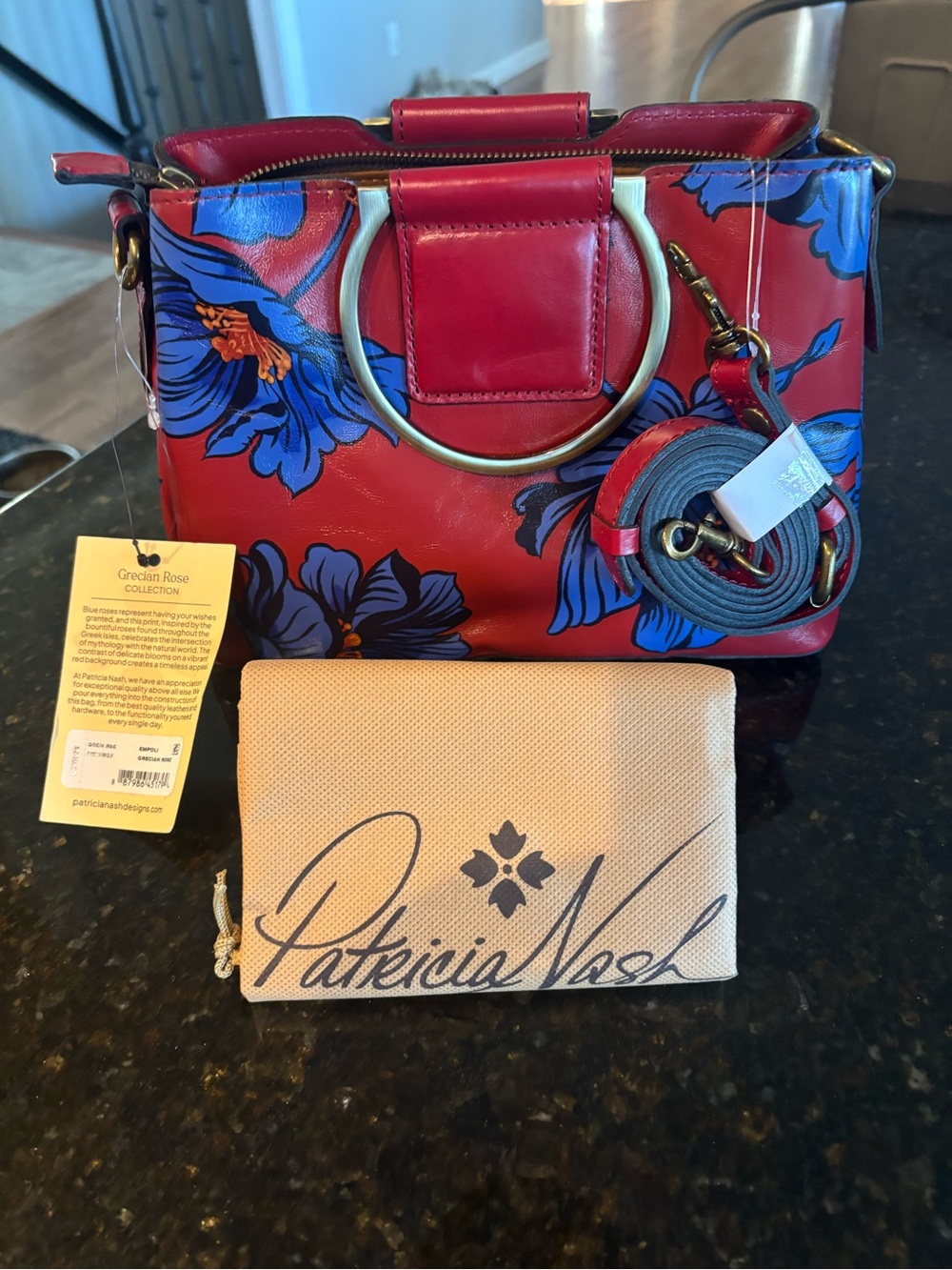 Patricia Nash Red Leather Floral Satchel with Blue Accents and Gold Rings